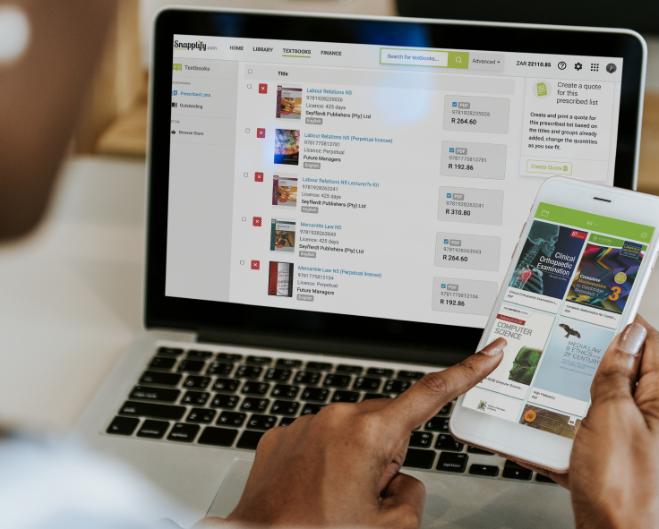 A student viewing their books in Snapplify Engage on a laptop and Snapplify Reader on a smartphone